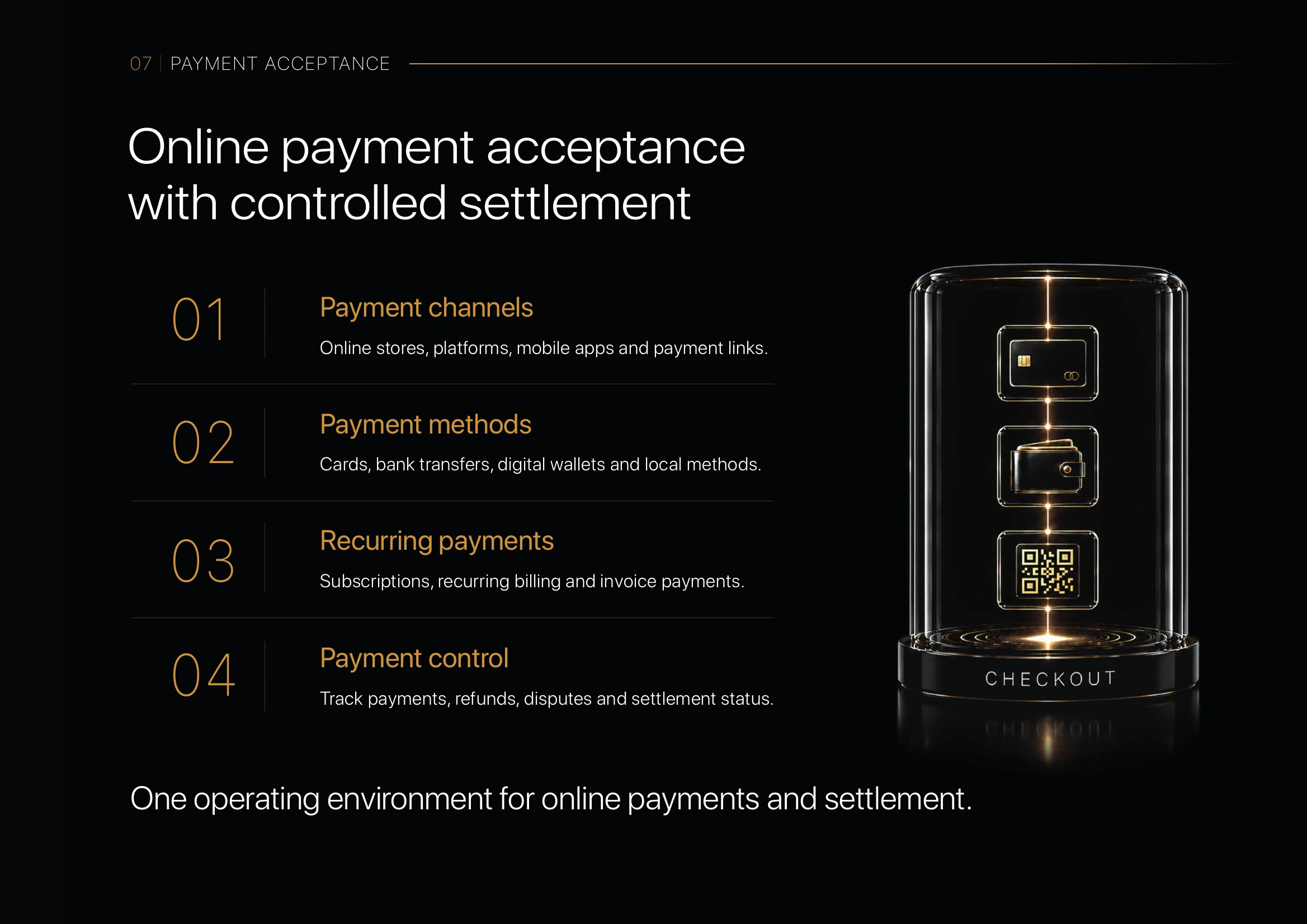 Payment Acceptance: Online payment acceptance with controlled settlement